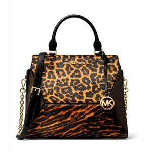 NWT Michael Kors Large Prism Leopard- Print Calf Hair and Brown Multi Le…